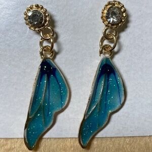 Betsey Johnson Articulating, Blue Enameled butterfly wing earrings